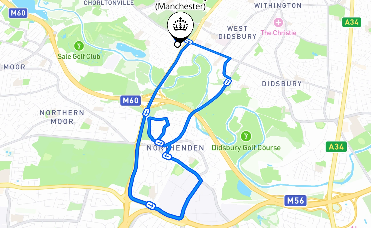 West Didsbury (Manchester) driving test route #627 map - ENG United Kingdom