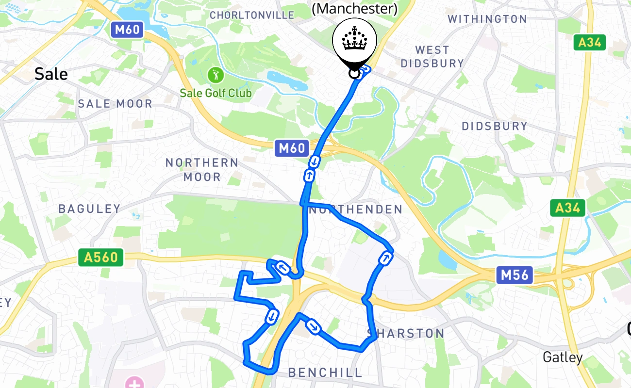 West Didsbury (Manchester) driving test route #628 map - ENG United Kingdom