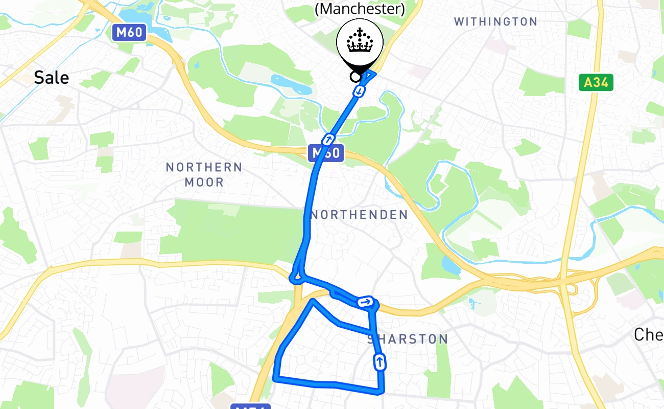 West Didsbury (Manchester) driving test route #629 map - ENG United Kingdom