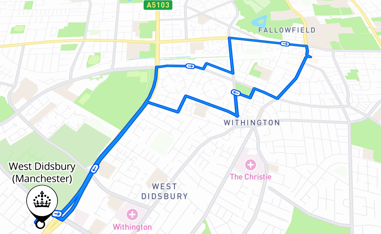 West Didsbury (Manchester) driving test route #1568 map - ENG United Kingdom