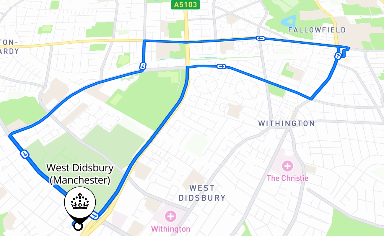 West Didsbury (Manchester) driving test route #1569 map - ENG United Kingdom