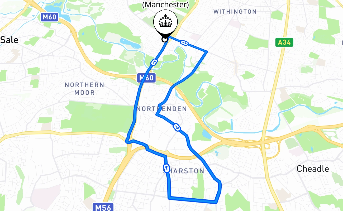 West Didsbury (Manchester) driving test route #1570 map - ENG United Kingdom