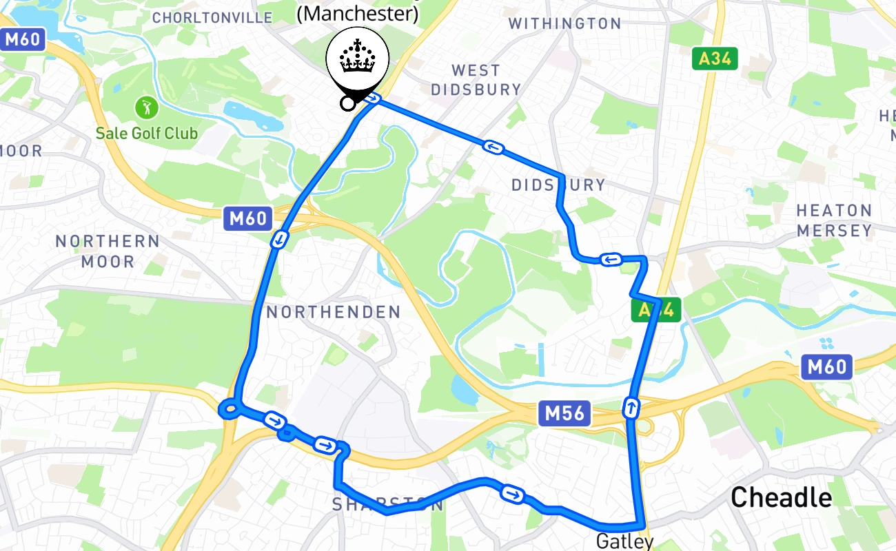 West Didsbury (Manchester) driving test route #1572 map - ENG United Kingdom