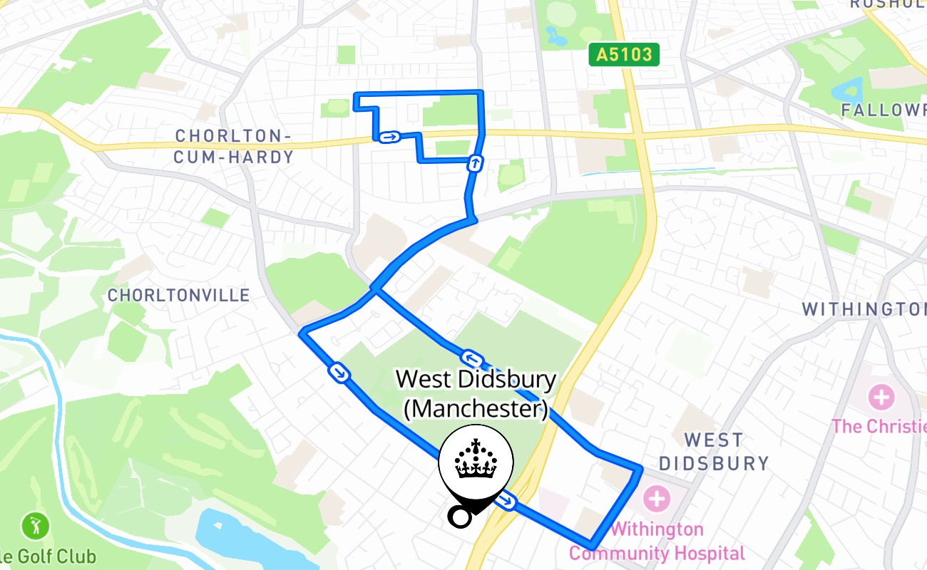 West Didsbury (Manchester) driving test route #1573 map - ENG United Kingdom