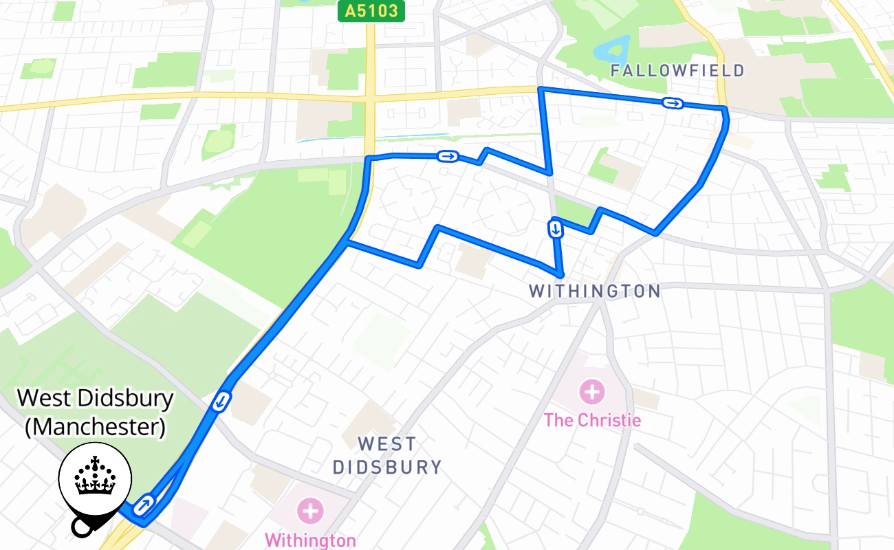 West Didsbury (Manchester) driving test route #1574 map - ENG United Kingdom