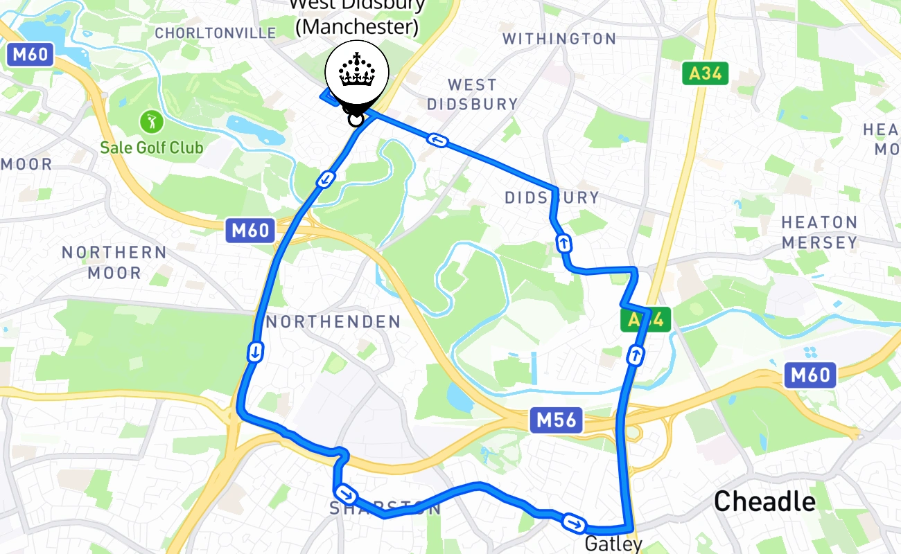 West Didsbury (Manchester) driving test route #1575 map - ENG United Kingdom