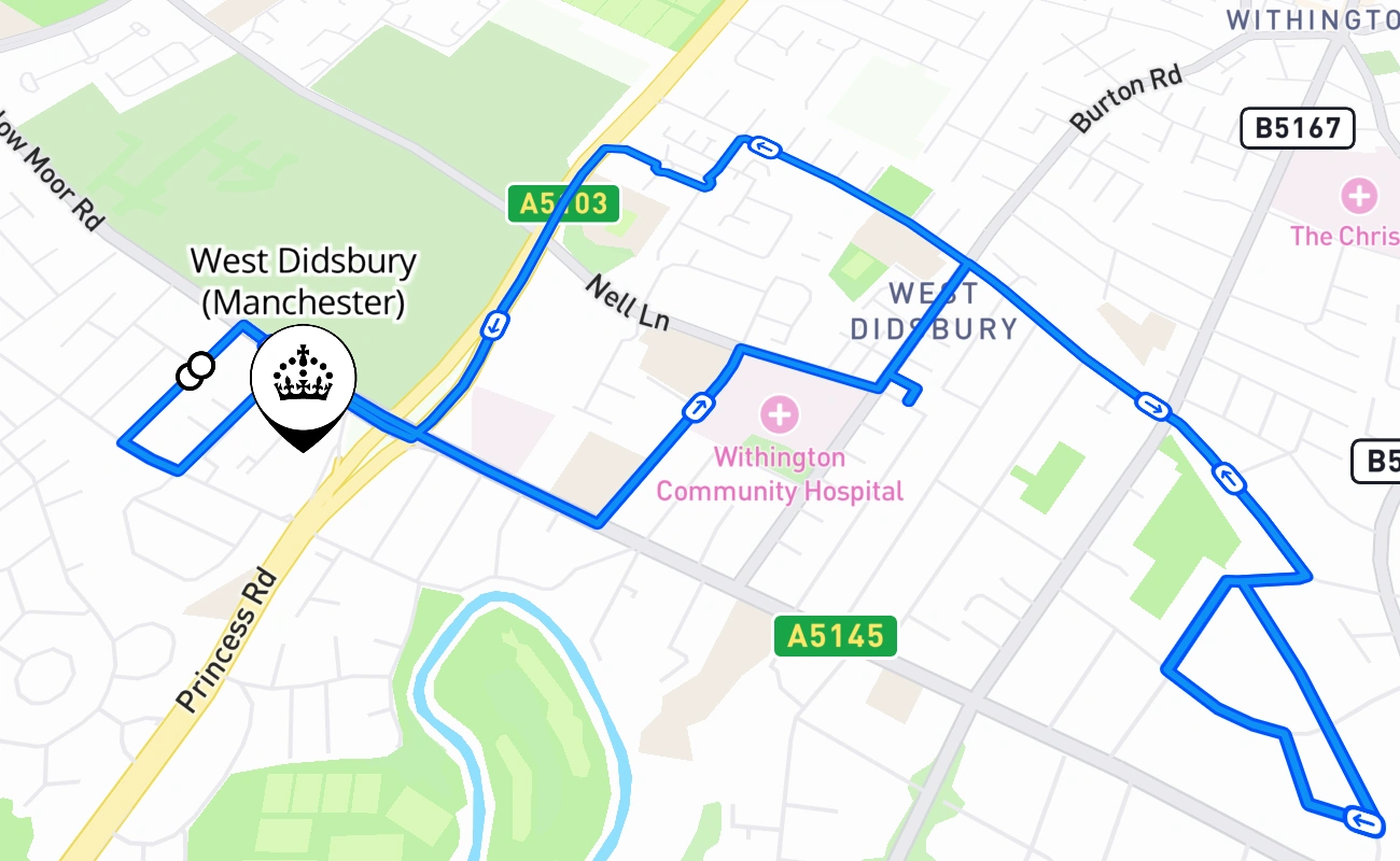 West Didsbury (Manchester) driving test route #1577 map - ENG United Kingdom