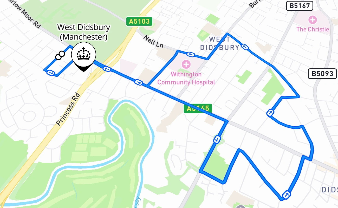 West Didsbury (Manchester) driving test route #1578 map - ENG United Kingdom
