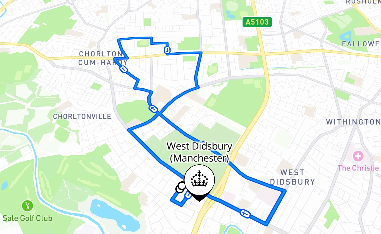 West Didsbury (Manchester) driving test route #1579 map - ENG United Kingdom