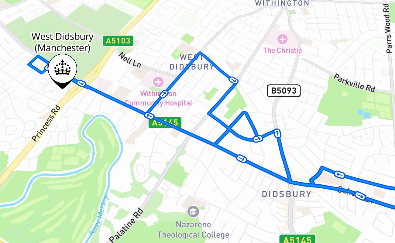 West Didsbury (Manchester) driving test route #1580 map - ENG United Kingdom
