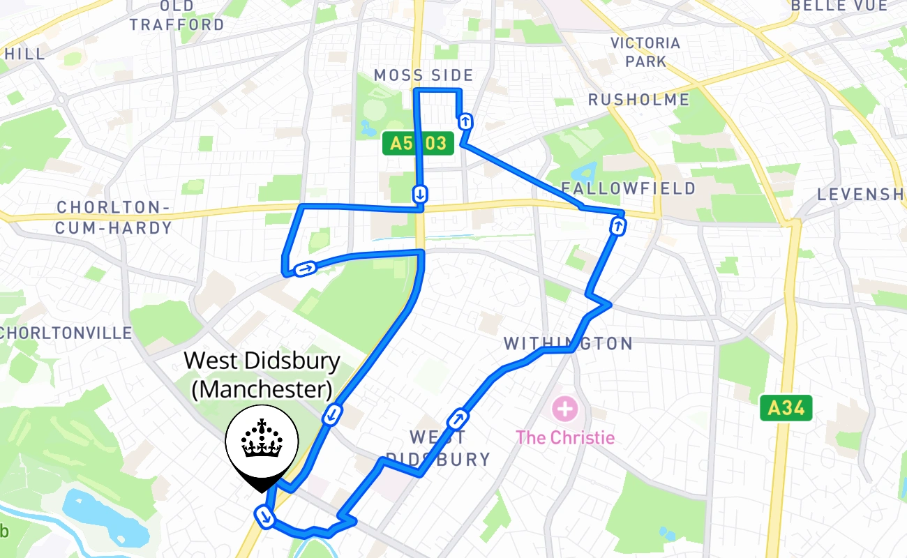 West Didsbury (Manchester) driving test route #1581 map - ENG United Kingdom