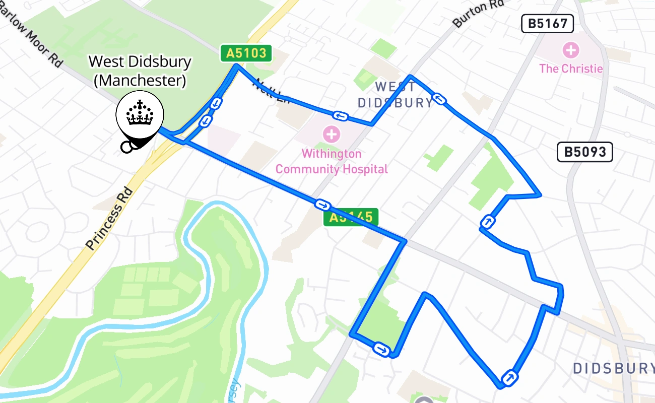 West Didsbury (Manchester) driving test route #1582 map - ENG United Kingdom