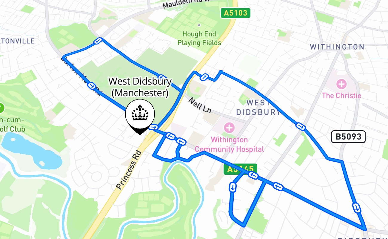 West Didsbury (Manchester) driving test route #1583 map - ENG United Kingdom