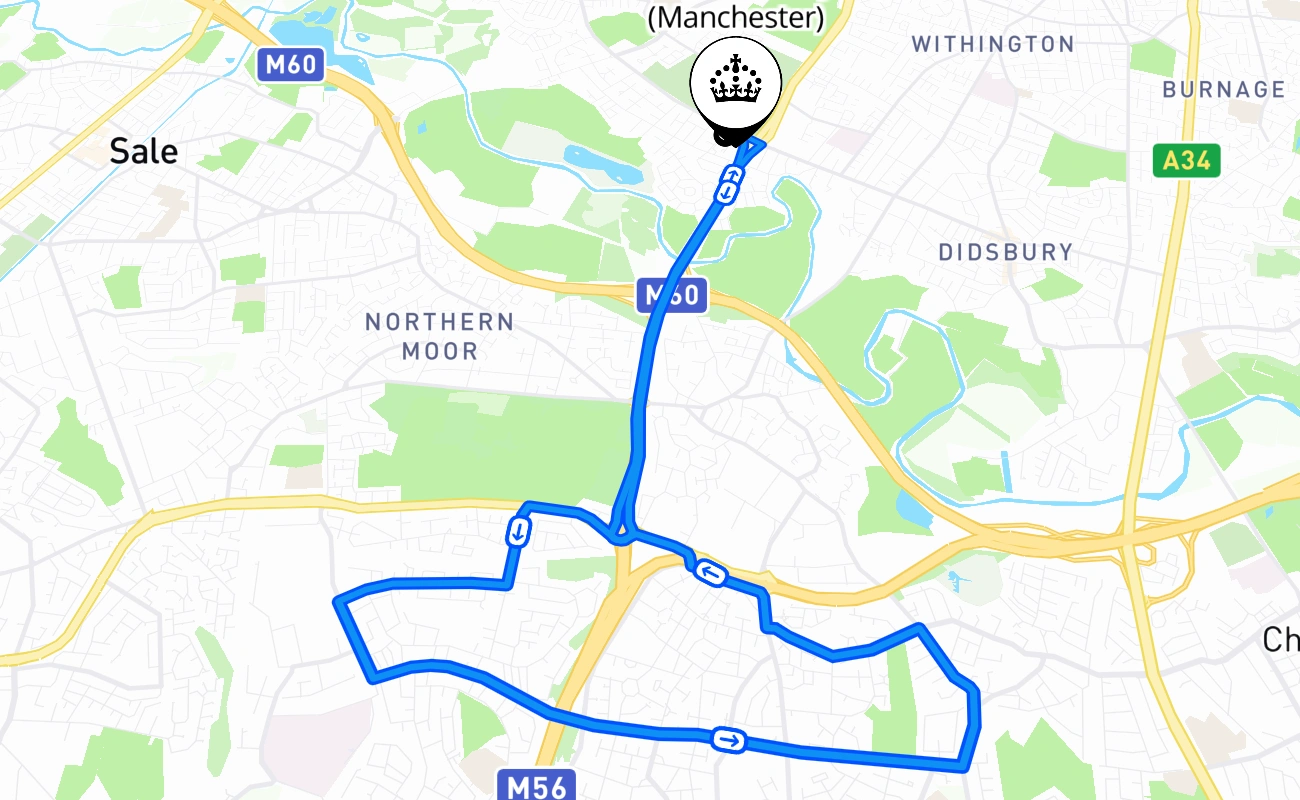West Didsbury (Manchester) driving test route #2599 map - ENG United Kingdom