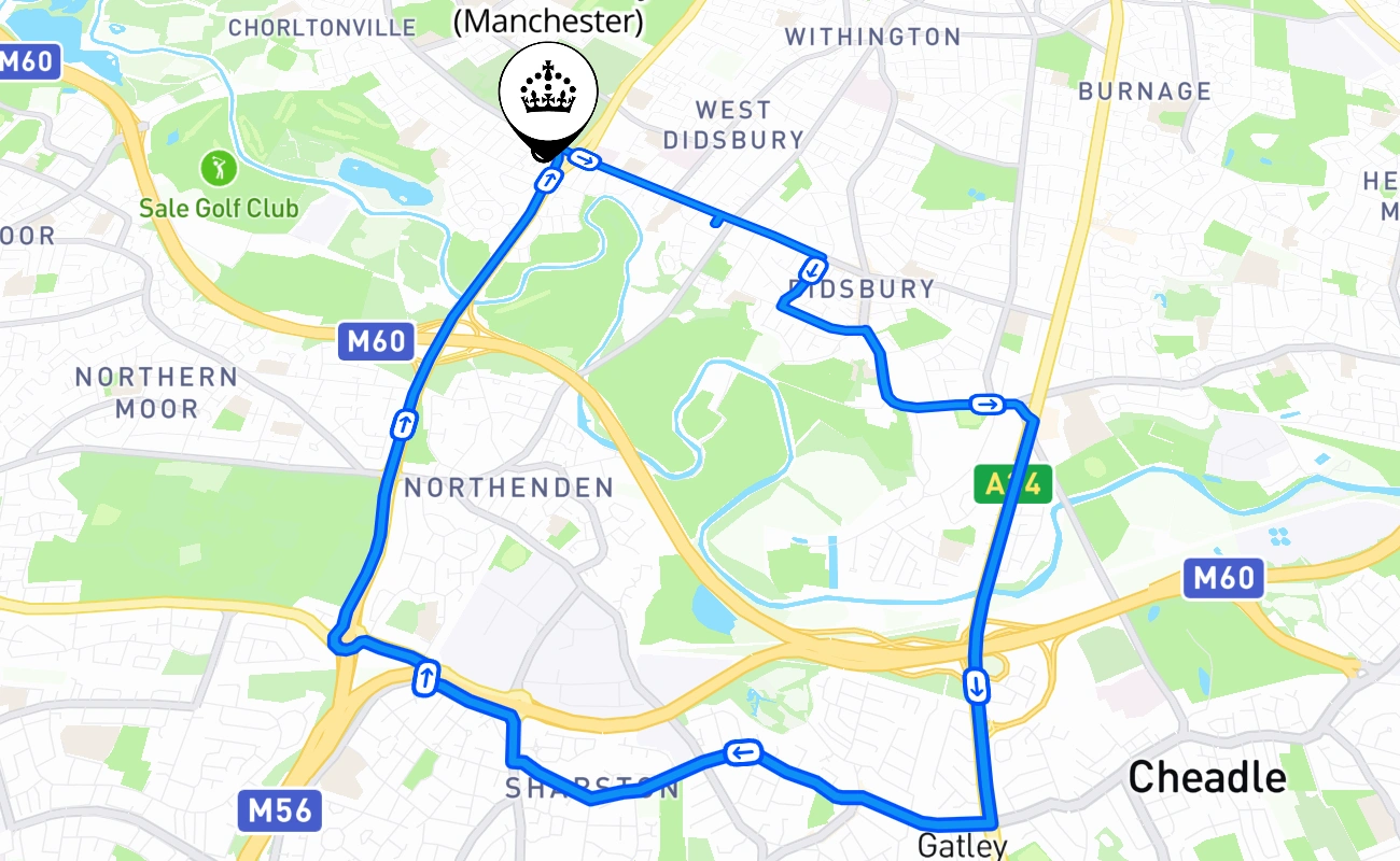 West Didsbury (Manchester) driving test route #2600 map - ENG United Kingdom