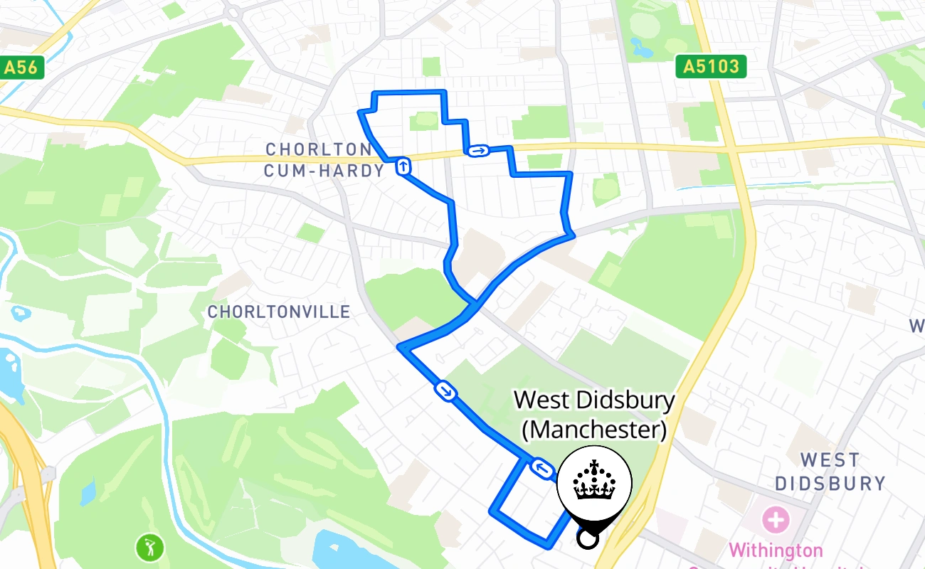 West Didsbury (Manchester) driving test route #2601 map - ENG United Kingdom