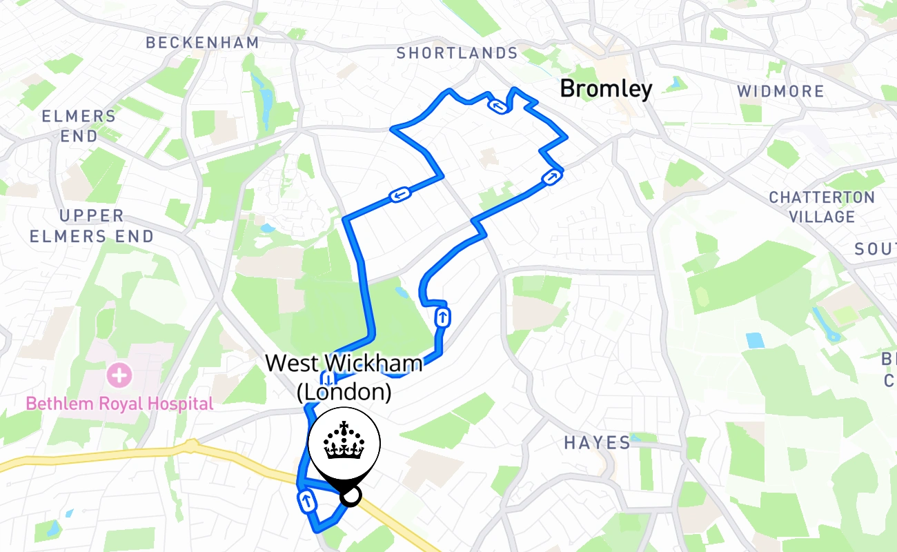West Wickham (London) driving test route #2555 map - ENG United Kingdom