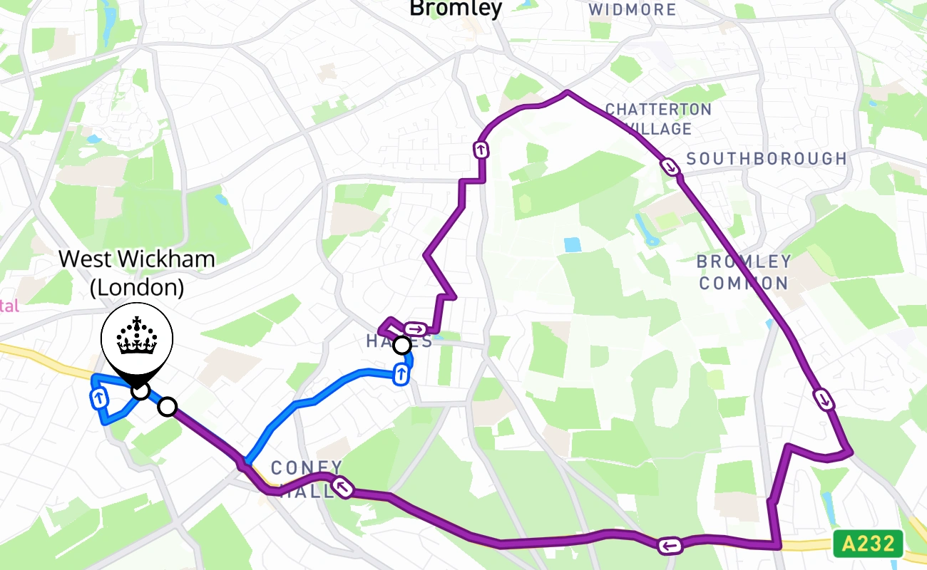West Wickham (London) driving test route #2556 map - ENG United Kingdom