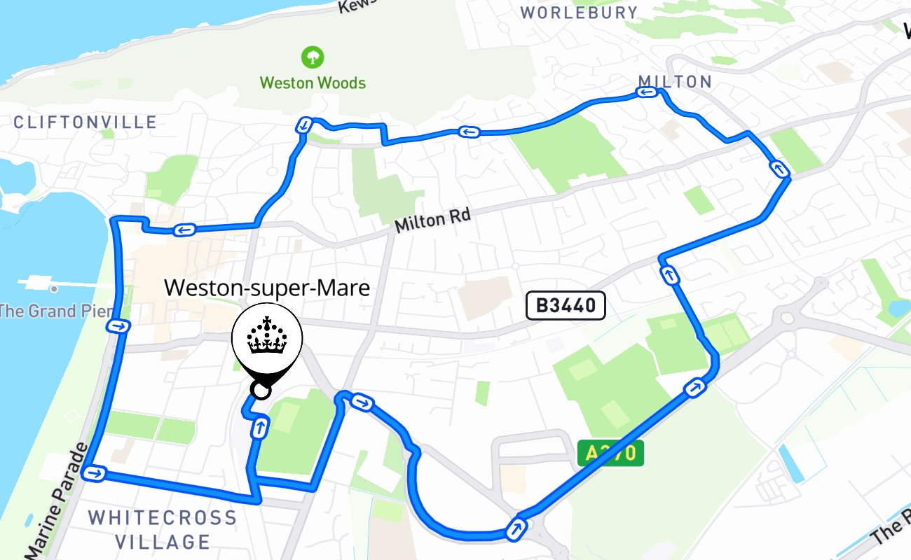 Weston-super-Mare driving test route #1405 map - ENG United Kingdom