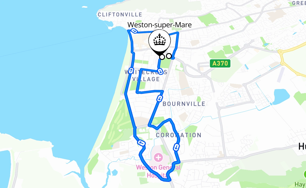 Weston-super-Mare driving test route #1407 map - ENG United Kingdom