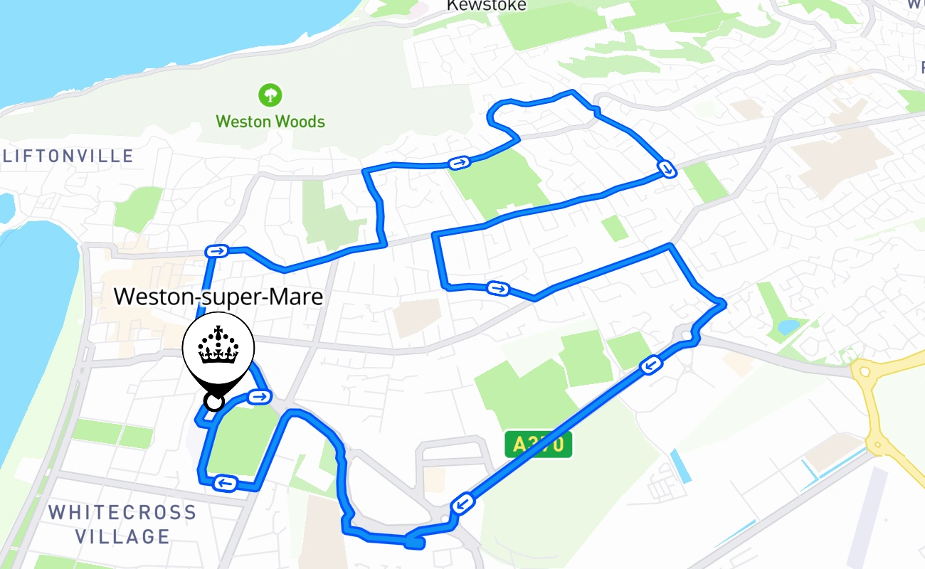 Weston-super-Mare driving test route #1408 map - ENG United Kingdom