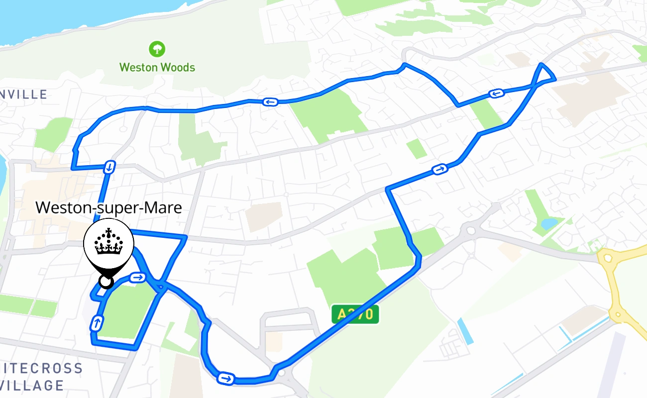 Weston-super-Mare driving test route #1410 map - ENG United Kingdom