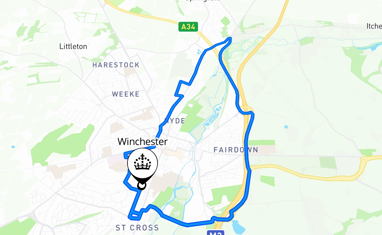 Winchester driving test route #186 map - ENG United Kingdom