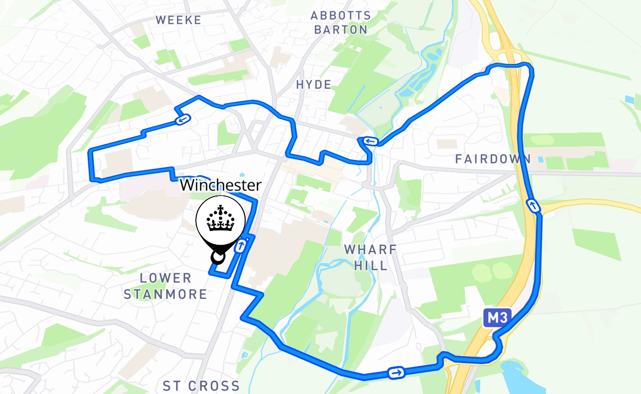 Winchester driving test route #188 map - ENG United Kingdom