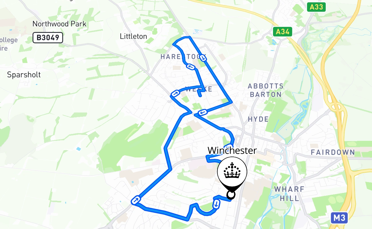 Winchester driving test route #189 map - ENG United Kingdom