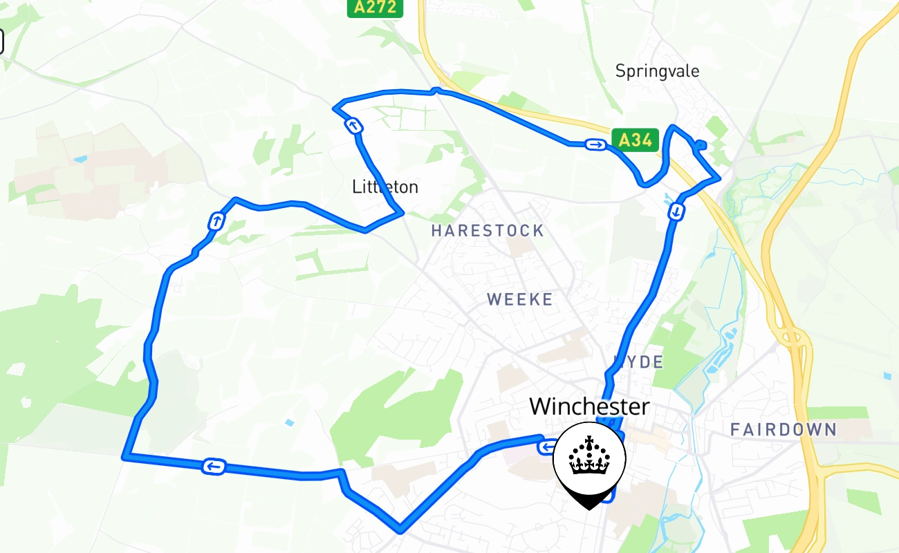 Winchester driving test route #340 map - ENG United Kingdom