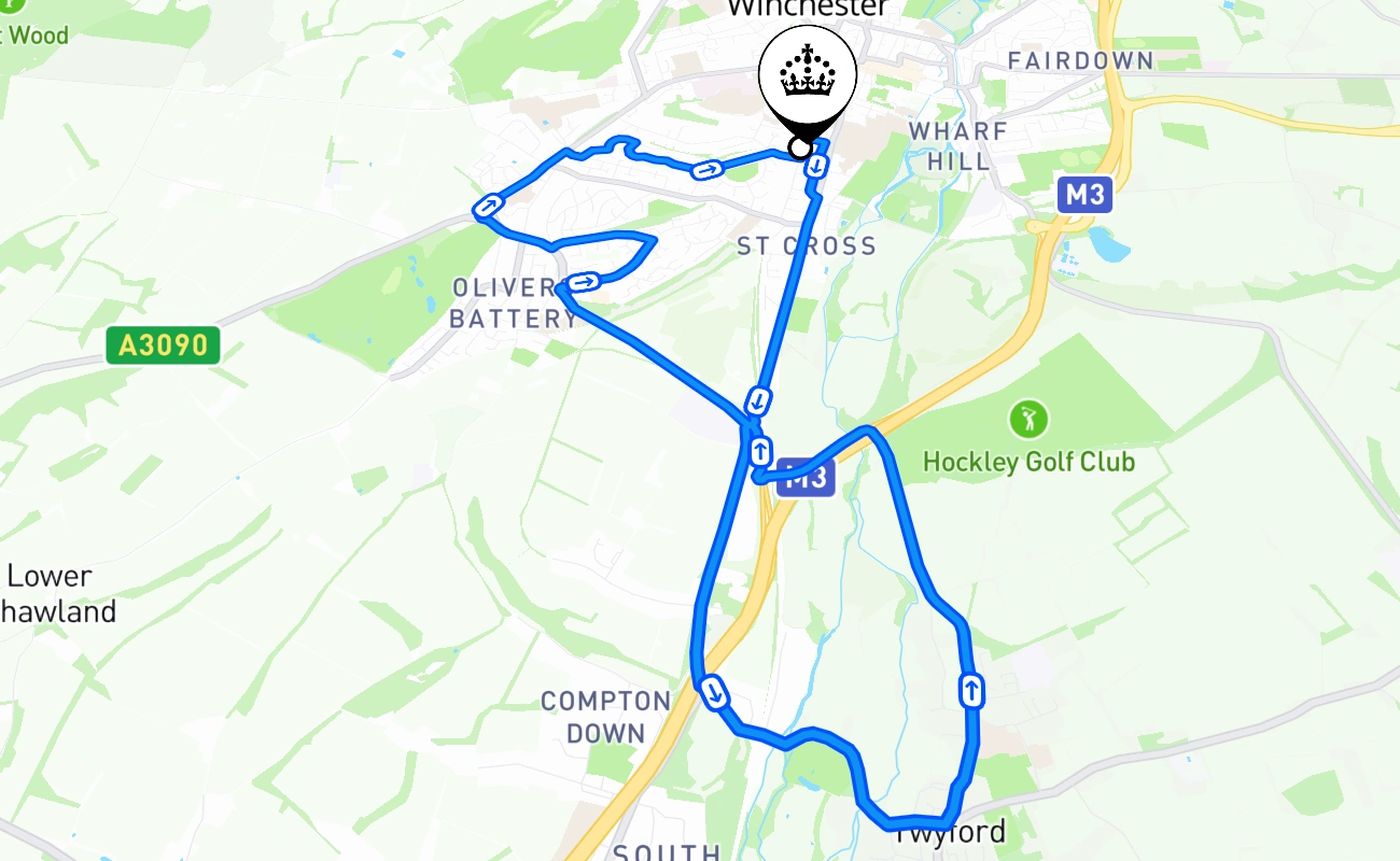 Winchester driving test route #341 map - ENG United Kingdom