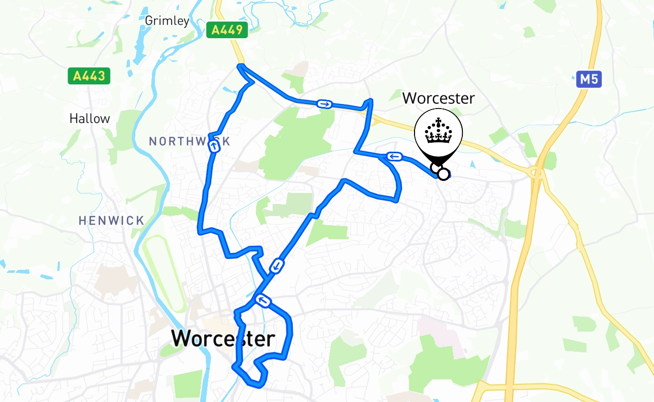 Worcester 驾考路线 #908 地图 - ENG 英国