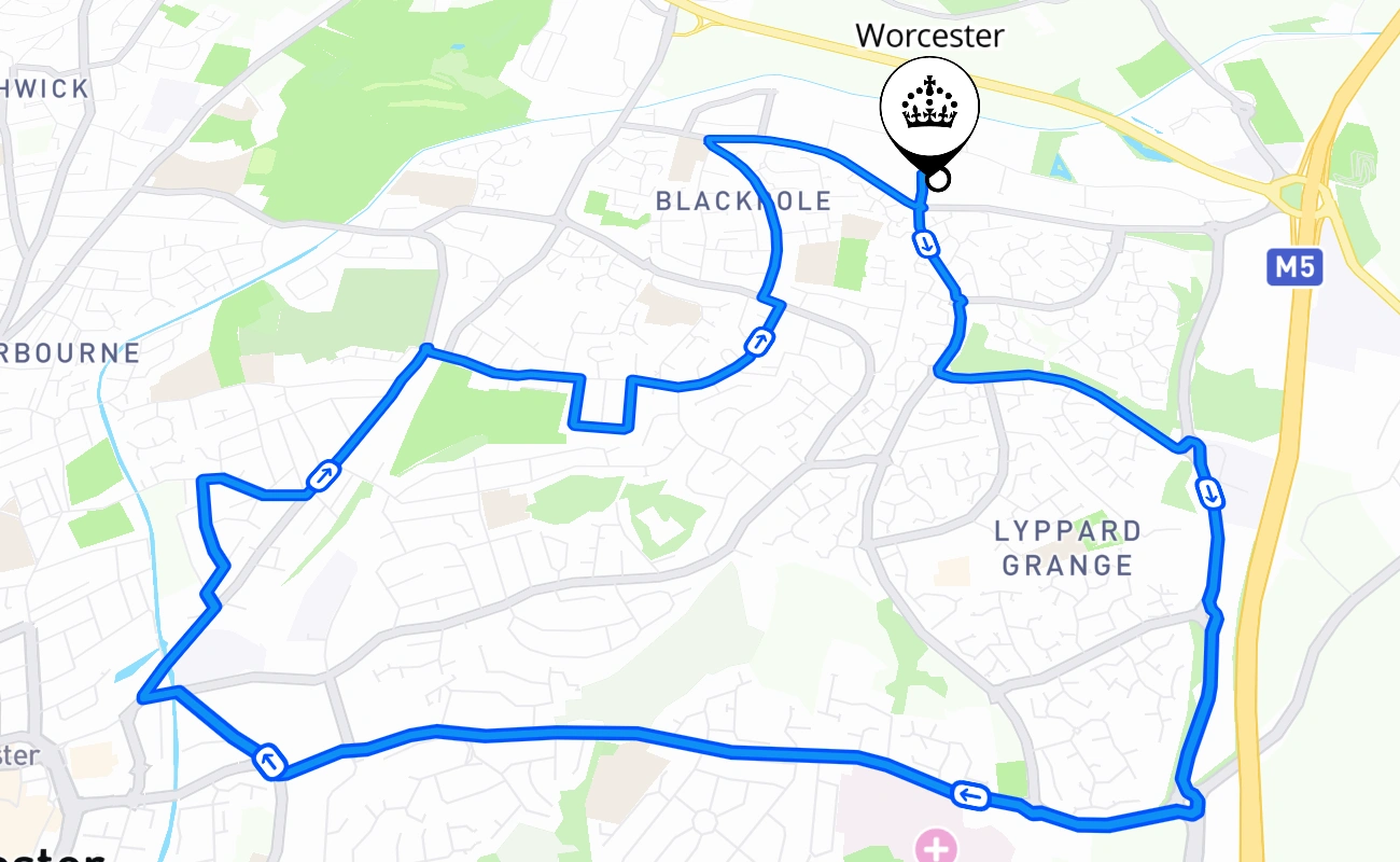 Worcester driving test route #1466 map - ENG United Kingdom