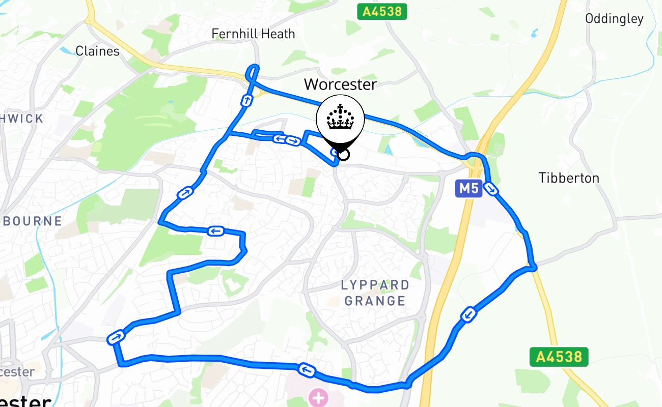 Worcester driving test route #1467 map - ENG United Kingdom