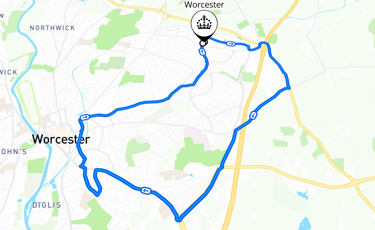 Worcester driving test route #1469 map - ENG United Kingdom