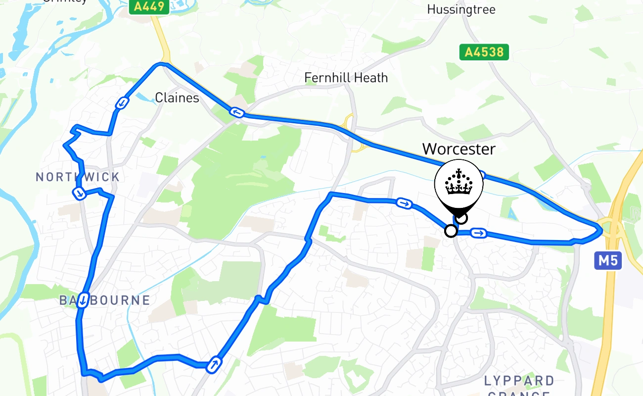 Worcester driving test route #1470 map - ENG United Kingdom