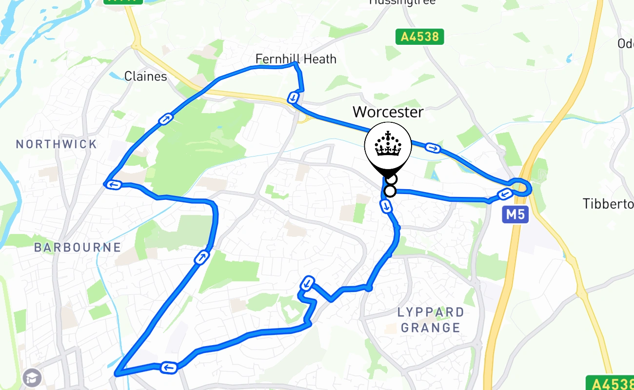 Worcester driving test route #1471 map - ENG United Kingdom