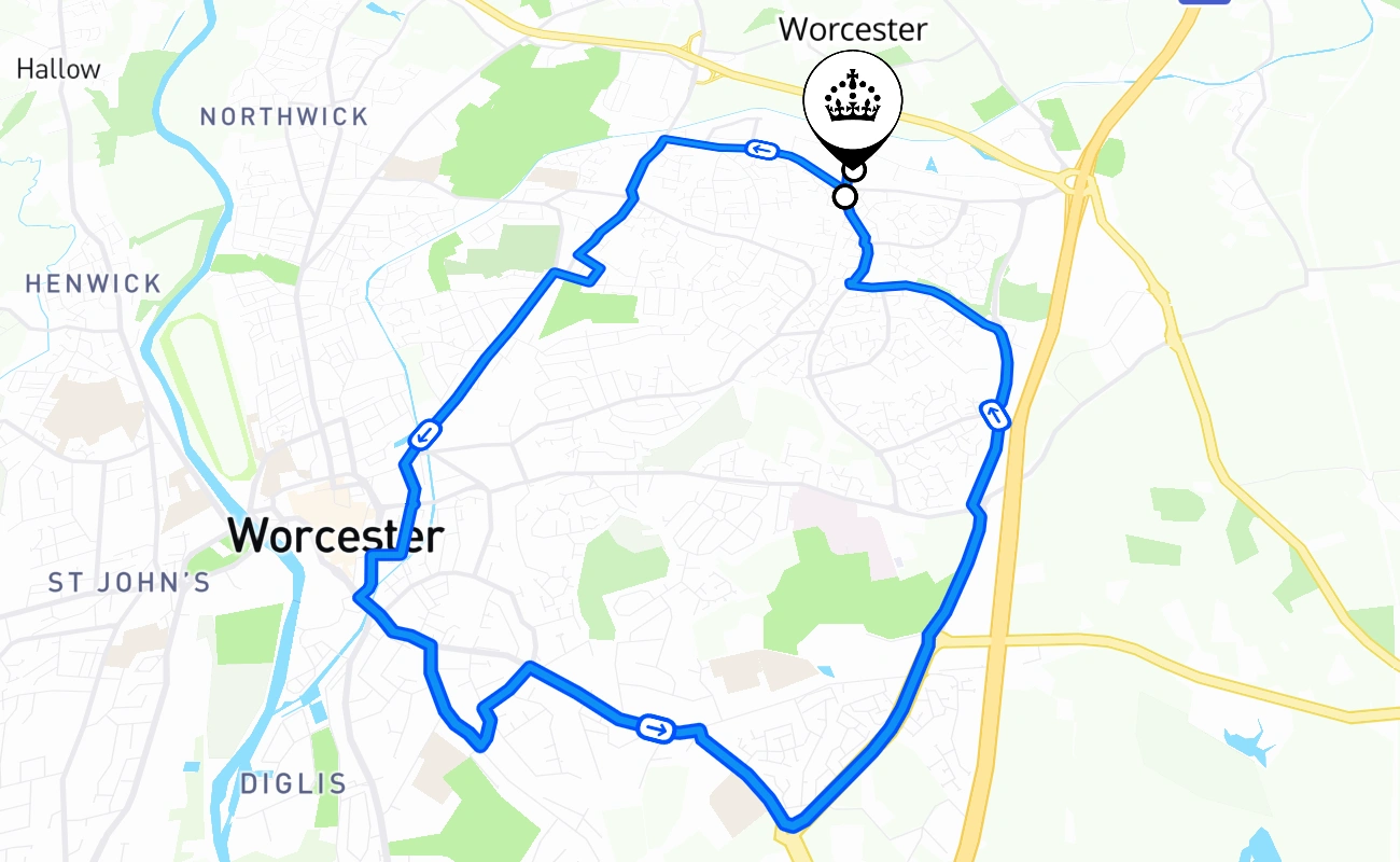 Worcester driving test route #1472 map - ENG United Kingdom