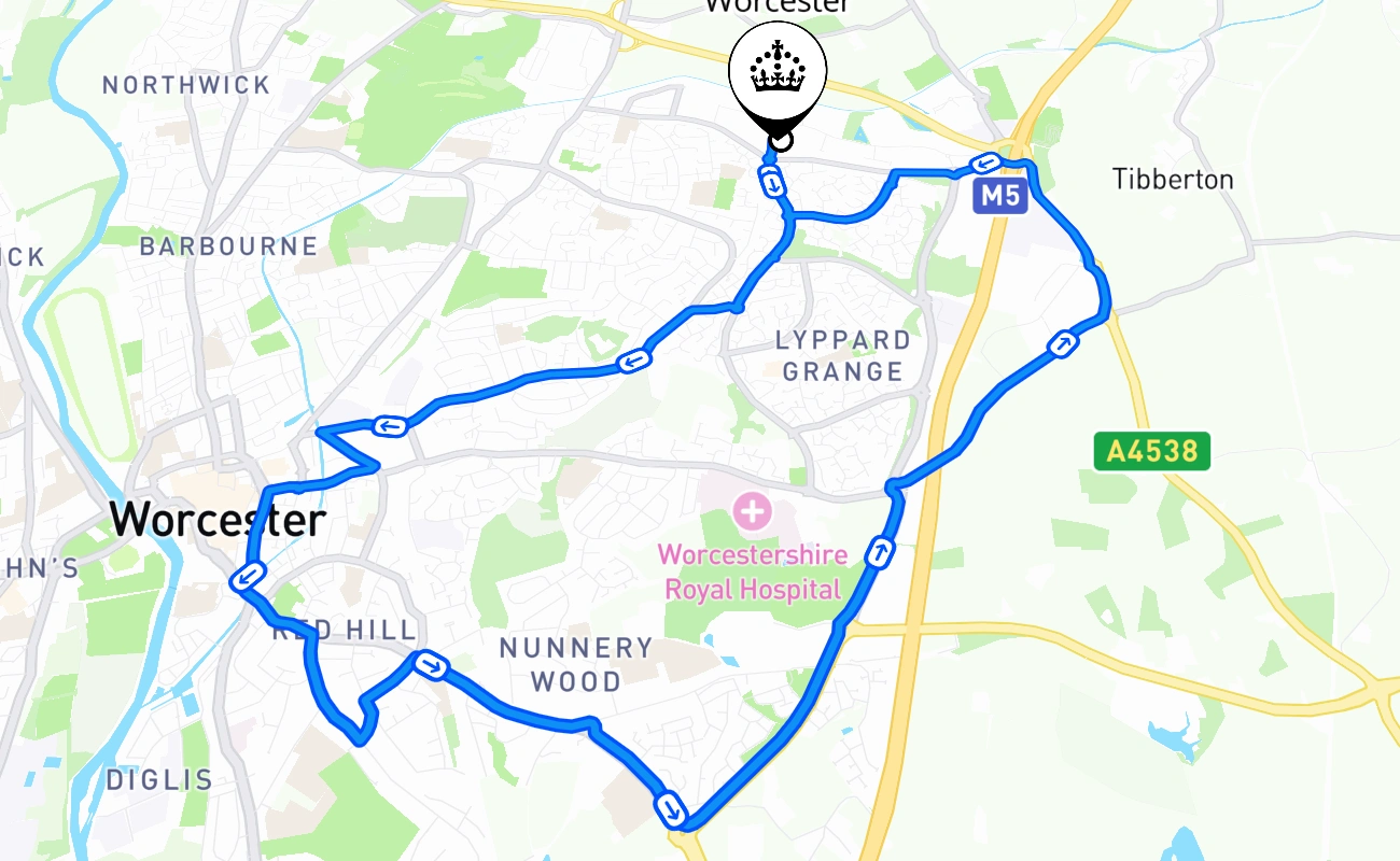 Worcester 驾考路线 #1475 地图 - ENG 英国