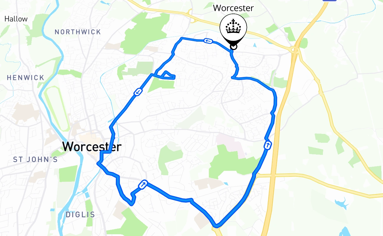 Worcester driving test route #1486 map - ENG United Kingdom