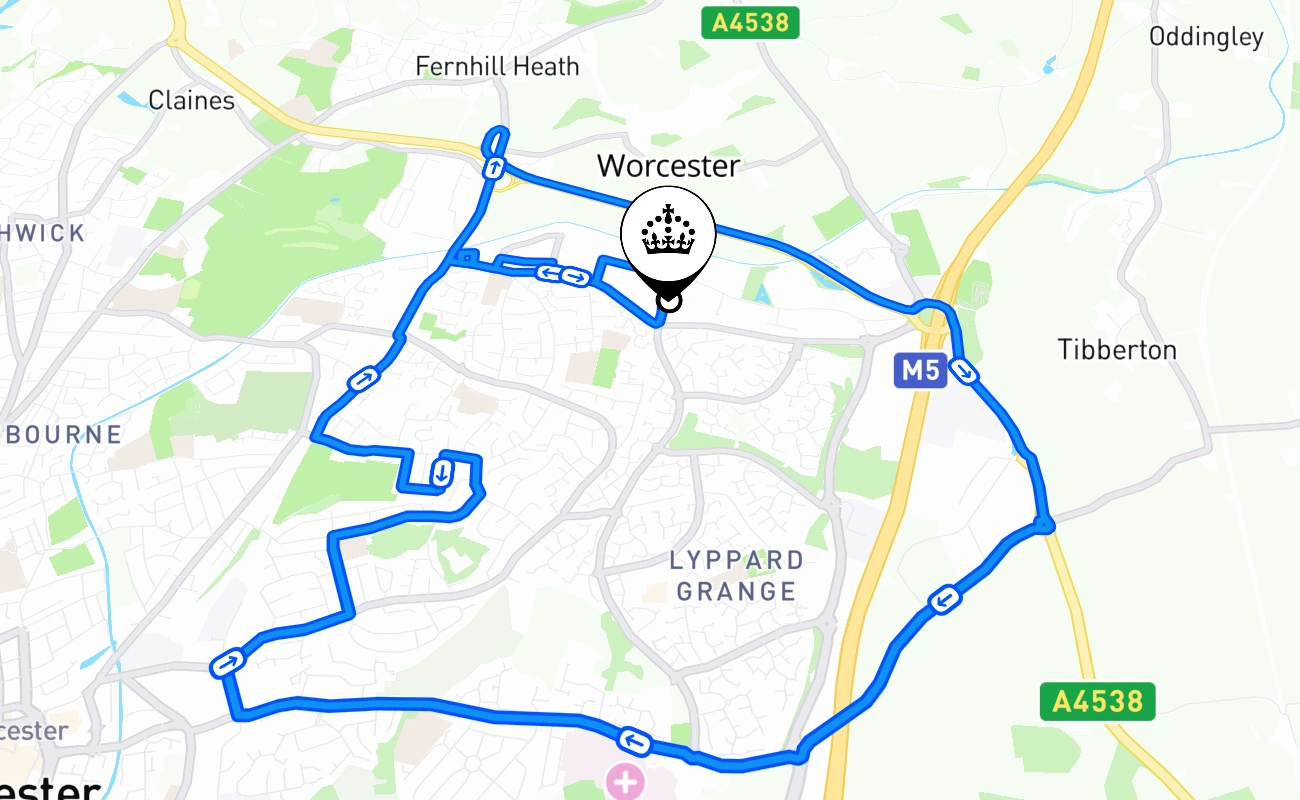 Worcester driving test route #1488 map - ENG United Kingdom