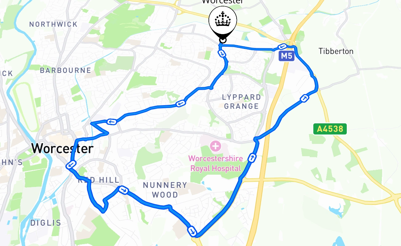 Worcester driving test route #1489 map - ENG United Kingdom