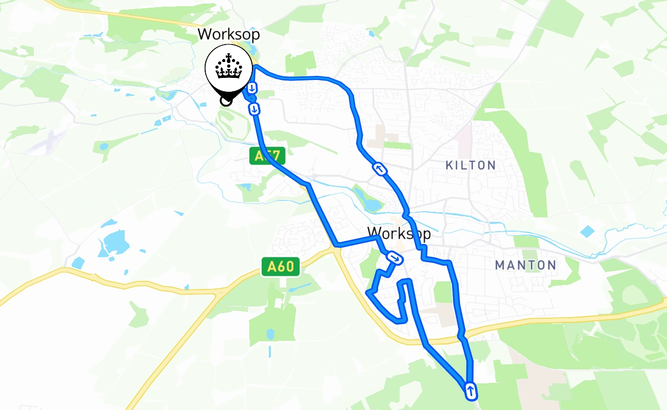 Worksop driving test route #1691 map - ENG United Kingdom