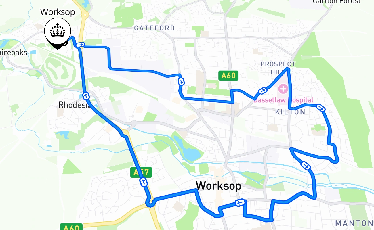 Worksop driving test route #1694 map - ENG United Kingdom