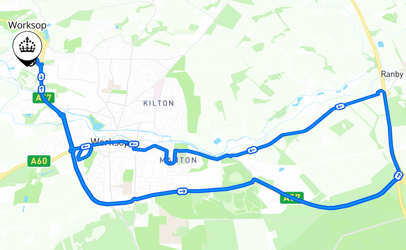 Worksop driving test route #1697 map - ENG United Kingdom