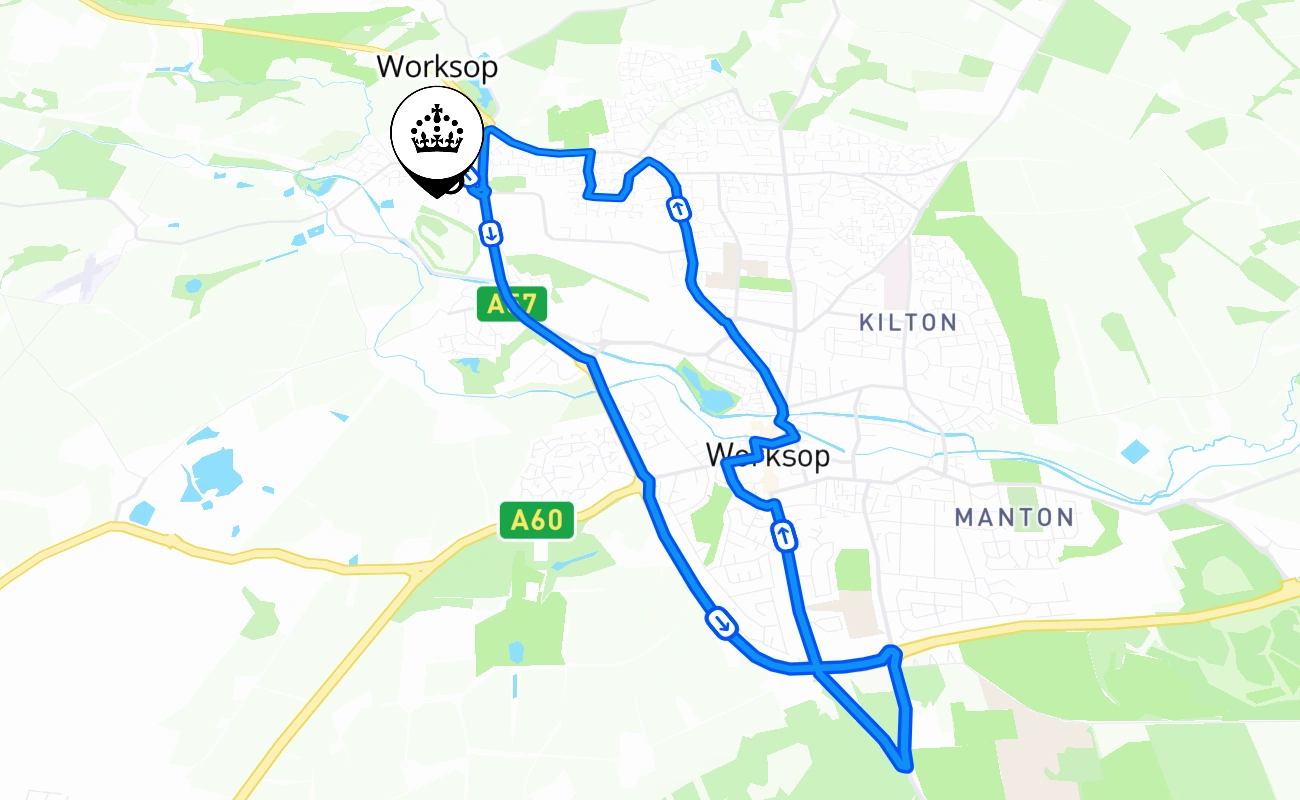 Worksop driving test route #1699 map - ENG United Kingdom