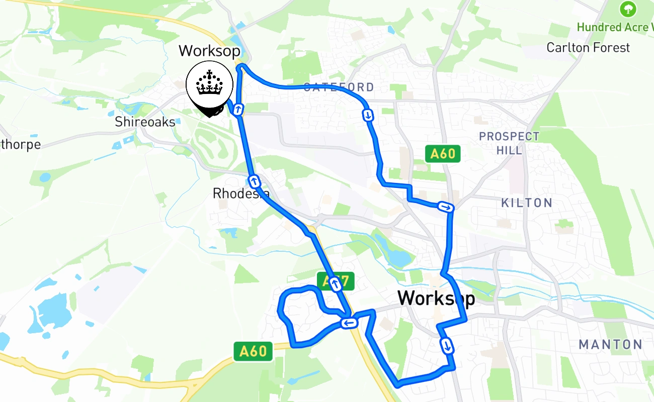 Worksop driving test route #1700 map - ENG United Kingdom