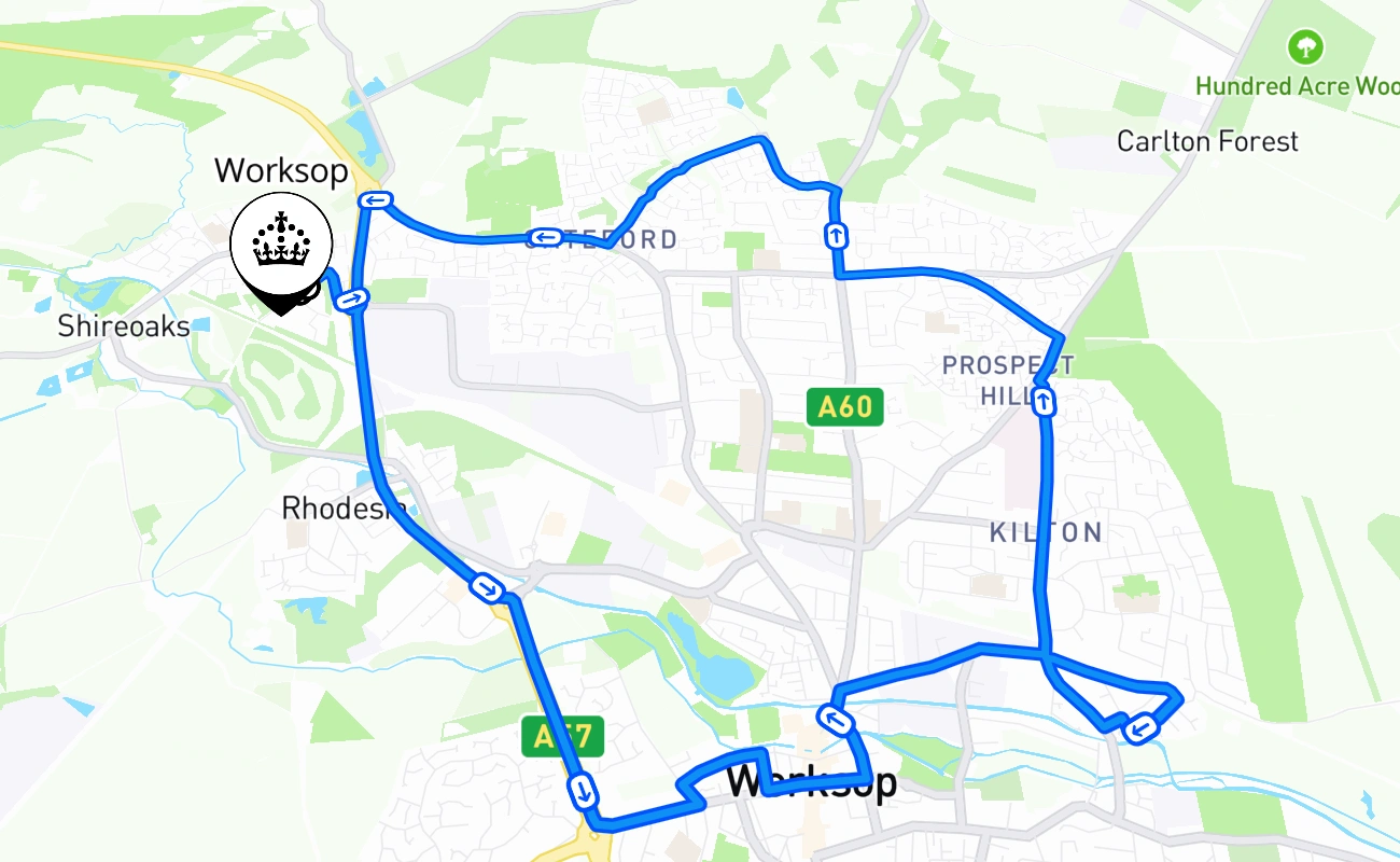 Worksop driving test route #1710 map - ENG United Kingdom
