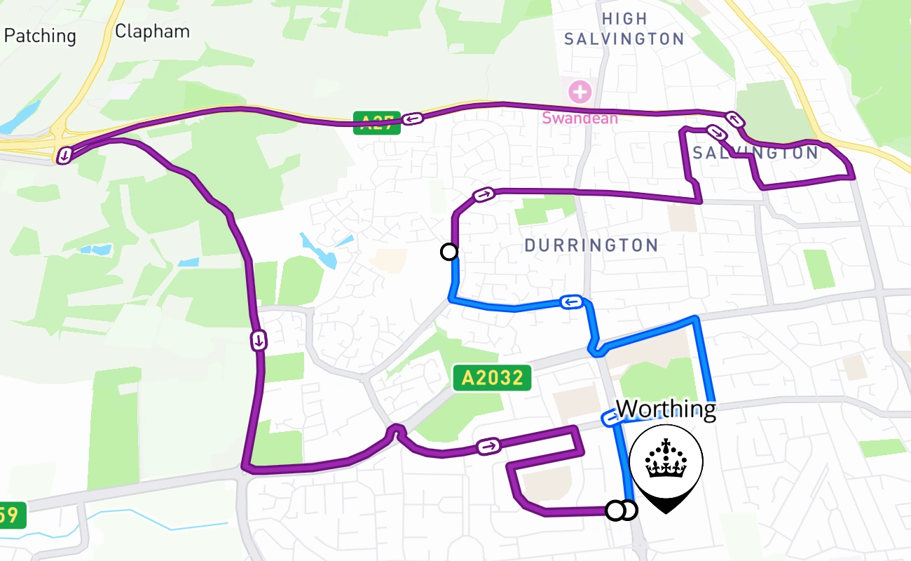 Worthing driving test route #2535 map - ENG United Kingdom
