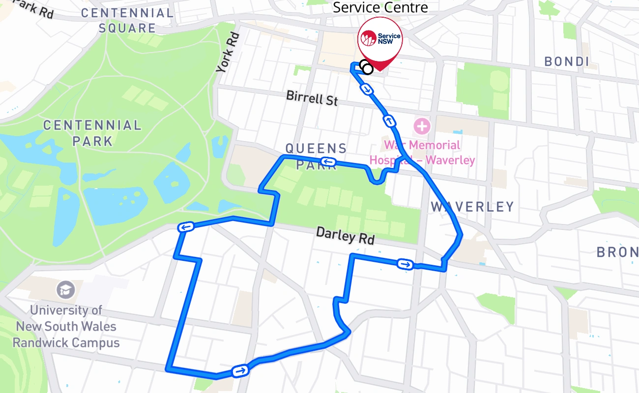 Bondi Junction Service Centre driving test route #198 map - NSW Australia